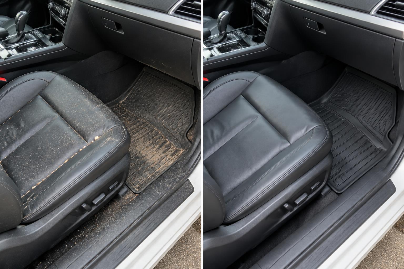Illustrative comparison of a car interior before and after detailing